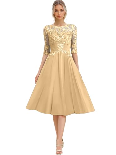 Tea Length Mother of The Bride Dresses with Sleeves for Wedding Lace Chiffon Formal Dresses