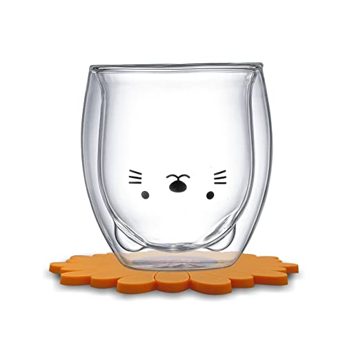 Süße tassen mit Untersetzern, KaffeeTeegläser Trinkgläser Kaffeeglas Doppelwandige IsoliergläserEspressotasse Bär Katze Becher (Katze + Sonnenblume) Cover