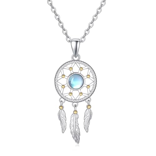 PARYFO Collier attrape-rêves en argent sterling 925 - Pierre de lune - Pendentif attrape-rêves - Pendentif plume - Pierre de lune - Bijoux cadeaux pour...