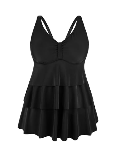 Plus Size Tankinis Ruffle Swim Top Tummy Control Swimsuits Two Piece Bathing Suits Swim Dress with Briefs