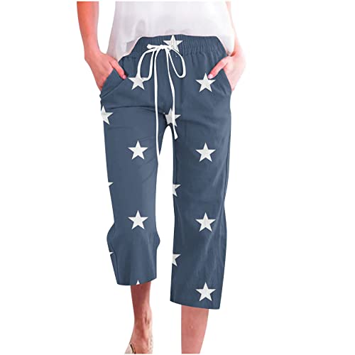 Capri Pants for Women Casual Summer Cotton Linen Capris Gradient Drawstring High Waist Pants Wide Leg Cropped Trouser