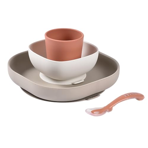 BEABA, Set de Comida para Bebé de Silicona, Con Ventosa, Antideslizante, 4 Piezas, Plato + Tazón + Vaso + Cuchara, Silicona Sana y Duradera, Apta para Lavavajillas y Microondas, Terracota