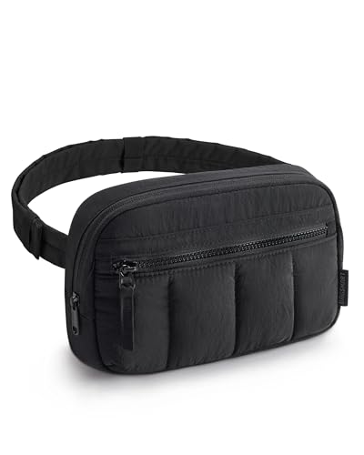 BAGSMART Fanny Packs for Women Cross Body, Quilted Puffy Belt Bag with Pockets, Fashion Waist Packs for Traveling Hiking Black