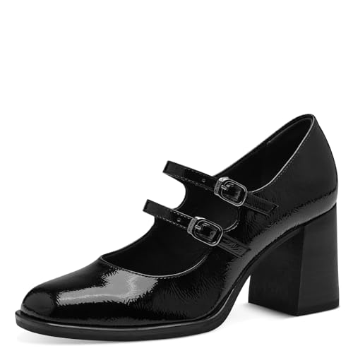 Tamaris Damen Pumps mit Riemchen Vegan Blockabsatz; Black PATENT/schwarz; 38