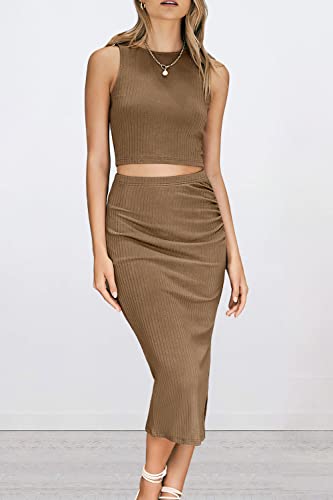 Prettygarden Women's 2 Piece Summer Outfits Crewneck Tank Tops Split Bodycon Midi Skirt Dress Set (Camel,Small) #TOP1