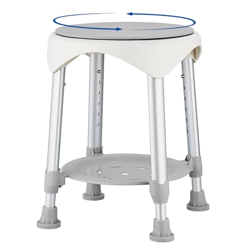 KSITEX Taburete De Ducha,Asiento De Ducha Giratorio 360°con Patas De Goma Antideslizantes,Taburete Giratorio Mejorado para Personas Mayores,Silla De Baño Ajustable en Altura en 6 Niveles con Estante