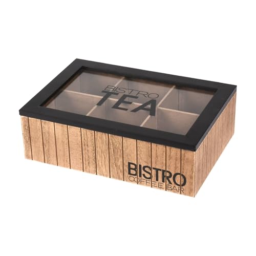 Well Home Caja de Té con 6 Compartimentos de Diseño Bistro en MDF con Tapa de Cristal 24x16,5x7,5cm