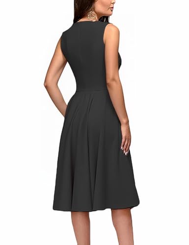 Image of FENJAR Women's Elegance Audrey Hepburn Style Ruched Dress Round Neck Sleeveless Swing Midi A-line Dresses (US, Alpha, XX-Large, Regular, Regular, A-Black)