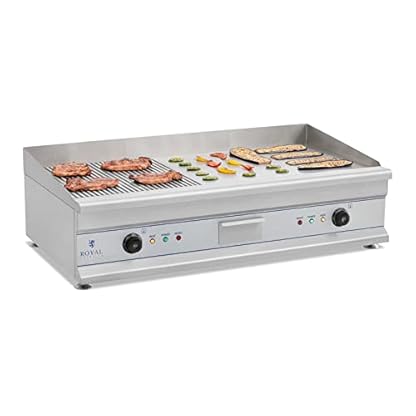 Royal Catering RCG 100G Royal Catering RCG 100G Elektrogrill Tischgrill Grillplatte Gastrogrill Edelstahl (2 x 3200 W, Geriffelt, Glatt, Spritzschutz, Ablaufvorrichtung, bis 300 °C, 100 x 40 x 28 cm)