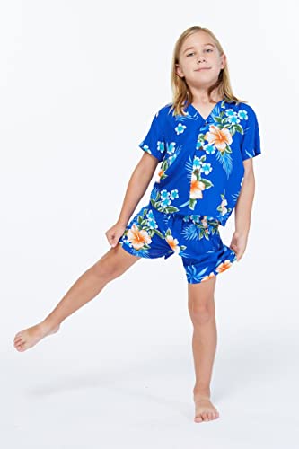 Image of Matchable Family Hawaiian Luau Men Women Girl Boy Clothes in Hibiscus Blue