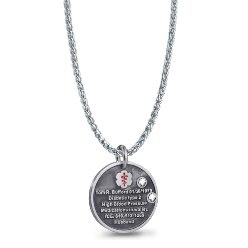 BURISSKY Custom Vintage Sterling Silver Medical Alert Necklace with Free Engraving,Personalized Emergency Allergy Information Dog Tag Crystal Medic ID Life Alert Jewelry for Womens Mens