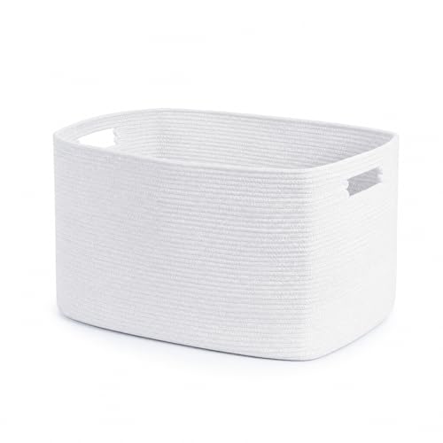 Image of Cotton Rope Laundry Basket Small, 12.8GAL Collapsible Woven Storage Baskets for Living Room Kids Toys Stuffed Animal,Boho Rectangular Decorative Short Hamper for Dirty Clothes, Blankets Pure White