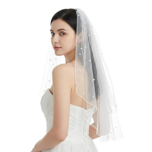 Apojgitn Schleier Braut Brautschleier Hochzeit mit Kamm Schleier kurz Bridal Tüll Elegent Braut Bridal Tüll Hochzeitsschleier Hochzeit Kurzer Ribbon Edge Brautschleier für Traumhochzeit