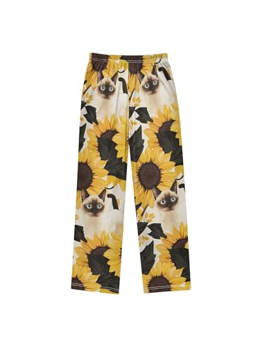 Siamese Cat and Black Yellow Sunflower Boys Pants for Kids Jogger Pants with Pockets S2