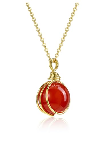 Image of Jovivi Carnelian Crystal 16mm Gemstone Ball Red Agate Healing Stone Pendant Wire Wrapped Gold Necklace Jewellery Gifts for Women Mum Her Valentines Birthday Anniversay