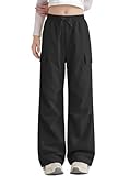 Haloumoning Girls Parachute Pants Kids Elastic Waist Wide Leg Cargo Pants Y2K Street Baggy Trousers with Pockets 5-14 Years Black