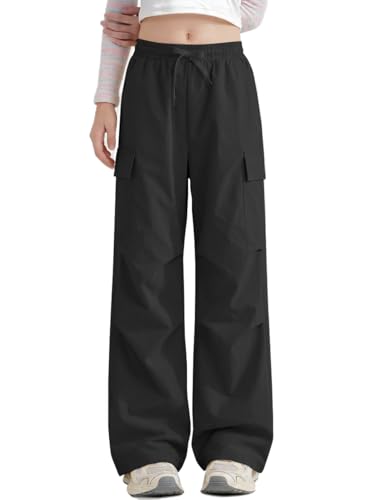 Haloumoning Girls Parachute Pants Kids Elastic Waist Wide Leg Cargo Pants Y2K Street Baggy Trousers with Pockets 5-14 Years Black