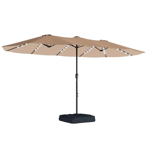 Outsunny 4.5m Garden Parasol Double Sided Umbrella with Base and Sandbags, 60 Solar Powered LED Lights, Patio Umbrella with Crank Handle, Ribs, Water Repellent, Khaki