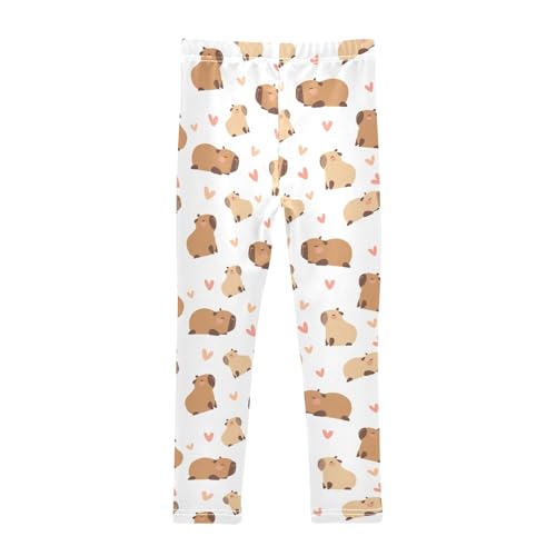 Cartoon Capybara with Hearts White Girls Leggings Soft Comfortable Athletic Leggings Dancing Pants for 4-10 Years2