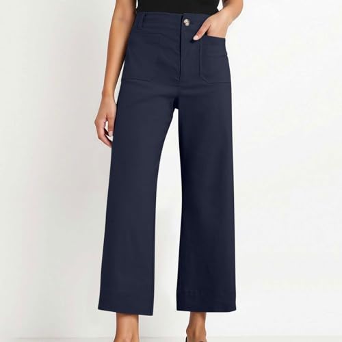 Womens High Waisted Cropped Pants Wide Leg Stretchy Straight Pants Baggy Slacks Slim Work Trousers with Pockets4