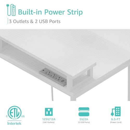 White L Shaped Computer Desk for Home Office with Monitor Stand and Fabric Drawers