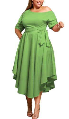 Image of Plus Size Women Wedding Guest Dress Off Shoulder Boat Neck Irregularly Flowy Midi Church Dress