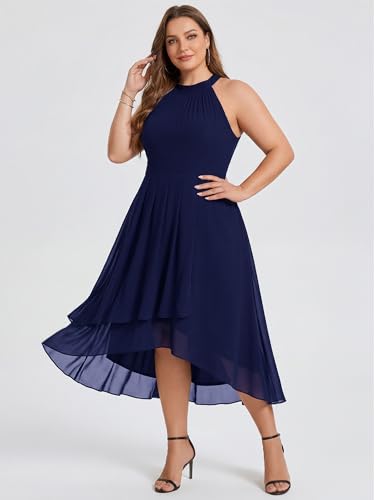 Image of Ever-Pretty Plus Women's Sleeveless Halter A Line Pleated High Low Plus Size Wedding Guest Cocktail Dresses 31926-DA