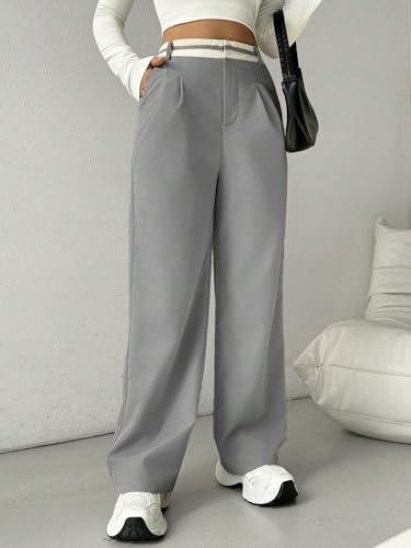 Women's casual sports work pants Colorblock Pleated Pocket Straight Loose Pants4