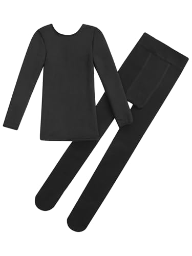 Girls Ballet Dance Fleece Liner Thermal Underwear Set Long Sleeve Shirt Top with Long Johns Pants Set4