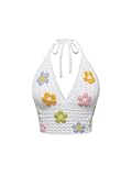 BEAUDRM Women's Y2k Crochet Halter Top Goth Clothes 70s Hippie Top Boho Crop Tie Backless Knit Cami Tank White Flower Medium