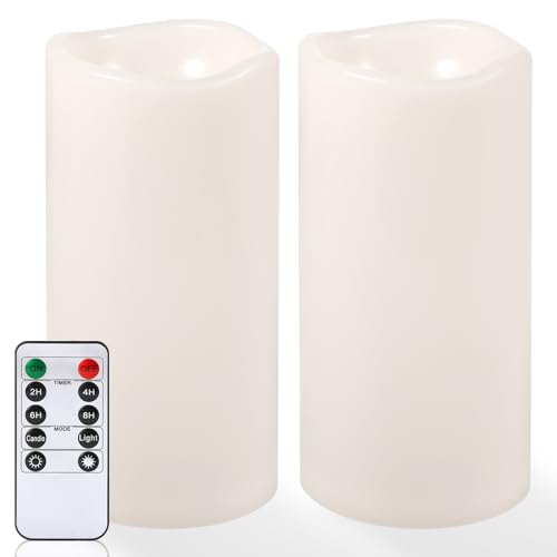Image of NURADA 8 inch x 4 inch Large Outdoor Flameless Candles - Waterproof LED Pillar Flickering Candle Battery Operated with Timer Remote Control for Patio Porch Lanterns Decor - Long Lasting Set of 2