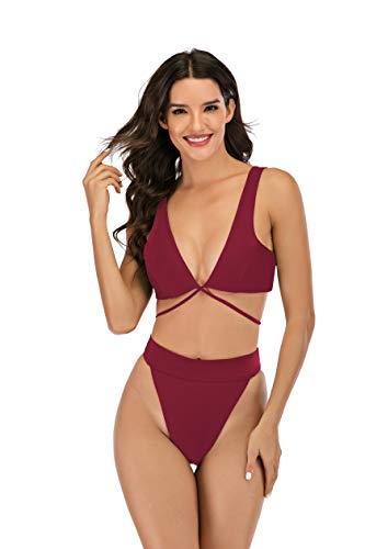 SherryDC Women's Self Tie Cross Front High Cut Thong Bikini High Waisted Swimsuit (Wine, (US 8-10) M)