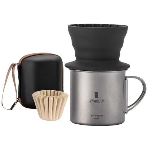 vandroop Titan Becher 400ml Camping Tasse mit Silikon Korbfilter Kaffeefilter wiederverwendbar, Tragbares Kaffeebereiter Set (Schwarz, mit Korbfilterpapier 10 Stk)