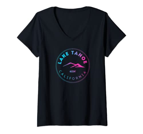 Mujer Lago Tahoe California Retro Sierra Nevada Montaña Camiseta Cuello V