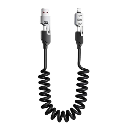Verilux 4 in1 Type C Cable with Spring, PD65W C Type Cable Fast Charging, 480Mbps Data Transfer USB to Type C Cable, Multi Adjustable Cable with Type C/USB A/Light-ning Port for iPhone 16/15, Black