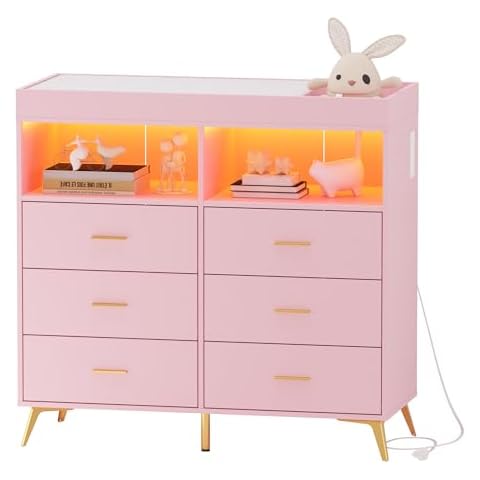 Babevy Changing Table Dresser with Drawers, Baby Dresser with Changing Table Top, Power Outlet, LED Light & Metal Feet, Diaper Changing Station Nursery Organizer for Infants Newborn, Pink Cover