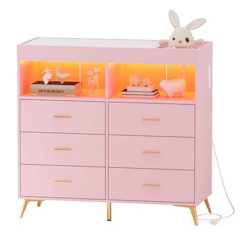 Image of Babevy Changing Table Dresser with Drawers, Baby Dresser with Changing Table Top, Power Outlet, LED Light & Metal Feet, Diaper Changing Station Nursery Organizer for Infants Newborn, Pink