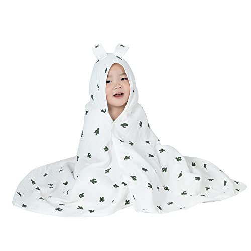 Image of Hooded Towel Muslin Hooded Towel Made from Organic Cotton 6-Layer Cotton Bath Towel, Soft Bath Towels 25x51inches for Toddler Baby Kids Cactus