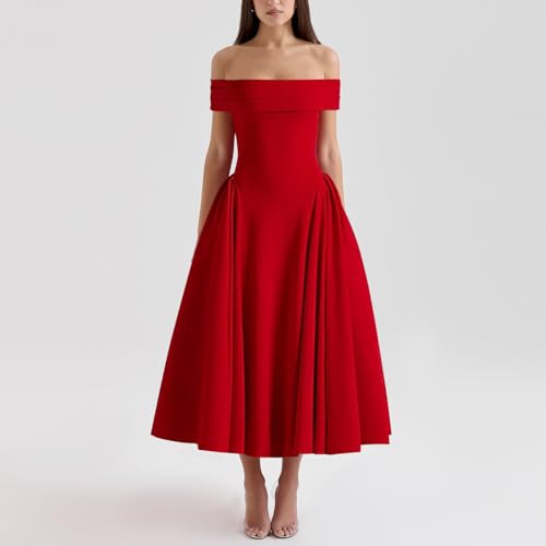 Image of Women's Summer Off Shoulder Fit and Flare Midi Dress - Sleeveless Sexy A Line Corset Club Party Going Out Dresses
