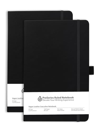 Image of DOODLE Pack of 2 A5 Executive Hard Bound PU leather Notebook Diary for Men Women | Executive Professional Office Diary with Elastic Band, Ribbon Bookmark & Pen Loop | 160 pages of 80 gsm | For Corporate and Personal use (Black)