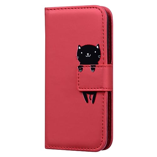 Skyhewen iPhone 15 Hülle, PU Leder Flip Wallet Cute Case für Frauen Mädchen mit [Ständer] [Magnetverschluss] [Kartenhalter] [Tiermuster] für iPhone 15, Rot & Katze