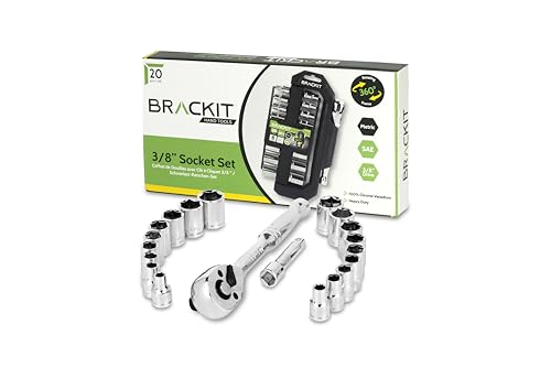 brackit Premium 20-Piece Heavy Duty Socket Set with Reversible Ratchet Handle, and Extension Bar - Professional Grade Automotive and DIY Tool Kit, Socket Wrench Set, Quick-Release Button brackit Premium 20-Piece Heavy Duty Socket Set with Reversible Ratchet Handle, and Extension Bar - Professional Grade Automotive and DIY Tool Kit, Socket Wrench Set, Quick-Release Button