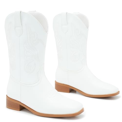 Image of Cowgirl Boots Square Toe Cowboy Boots For Women Ladies Mid Calf Low Heel Flat