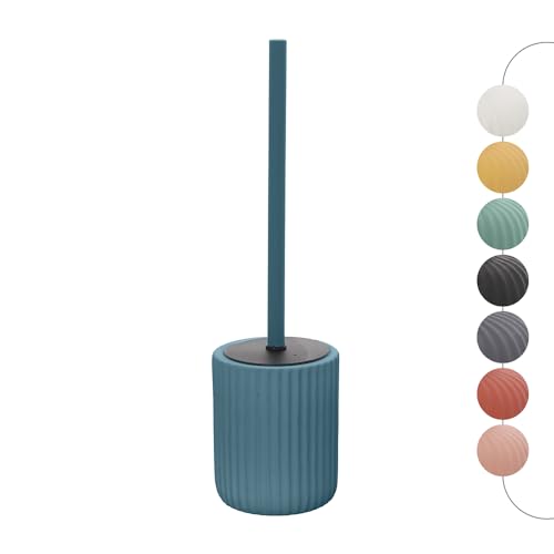 Inbagno Porta scopino WC Blu Pastello cannettato in Ceramica Soft Touch, setole Nere Anti-igieniche con paraspruzzi, Spring