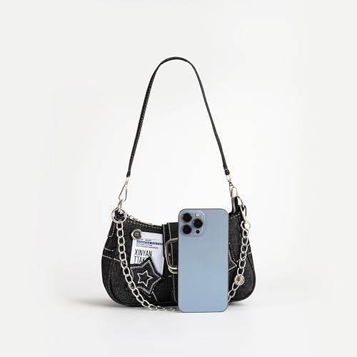 Image of Cute Y2k Purse for Women, Star Embroidery Pattern with Chain Strap Shoulder Bag, Goth Style Cute Mini Purse