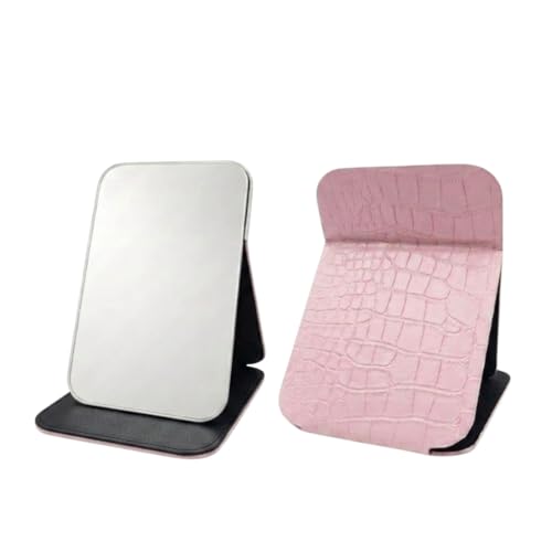 Image of Portable Folding Makeup Mirror with PU Leather Cover, Adjustable Stand HD Vanity Mirror for Travel, Bedroom, Dressing Table Compact Frameless Cosmetic Mirror for Girls & Women 16 x 11 cm(Pink)