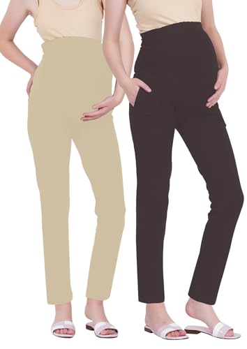 Image of Women's Maternity Leggings with Pockets - Comfortable, High Waist Support and Stretchable Pants for Pregnancy - Pack of 2