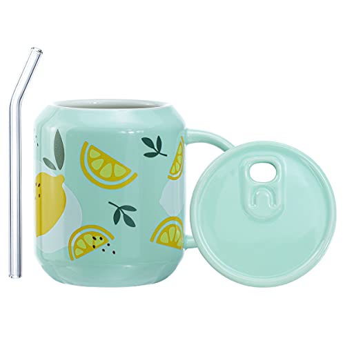 Taza de porcelana con tapa y pajilla, 13 oz, diseño limón miniatura 2