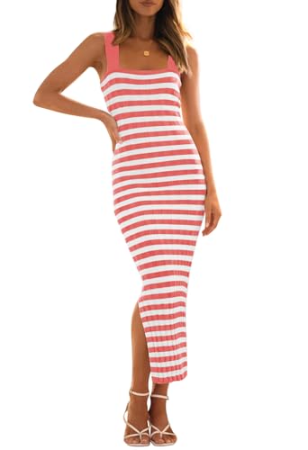 Image of MEROKEETY Womens Summer Striped Bodycon Ribbed Knit Midi Sweater Dress 2026 | Sleeveless Long Tank Dress, Soft, Stretchable, Maternity, Baby Shower, Gender Reveal, Bump Friendly, Beach, Vacation Outfit