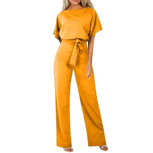 HOOUDO Petite Jumpsuits Summer Short Sleeve Playsuits Ladies Plain Casual Wide Leg Pant Belted Romper Formal Wedding Overalls Baggy One Piece Outfits Dungarees My Orders UK Yellow